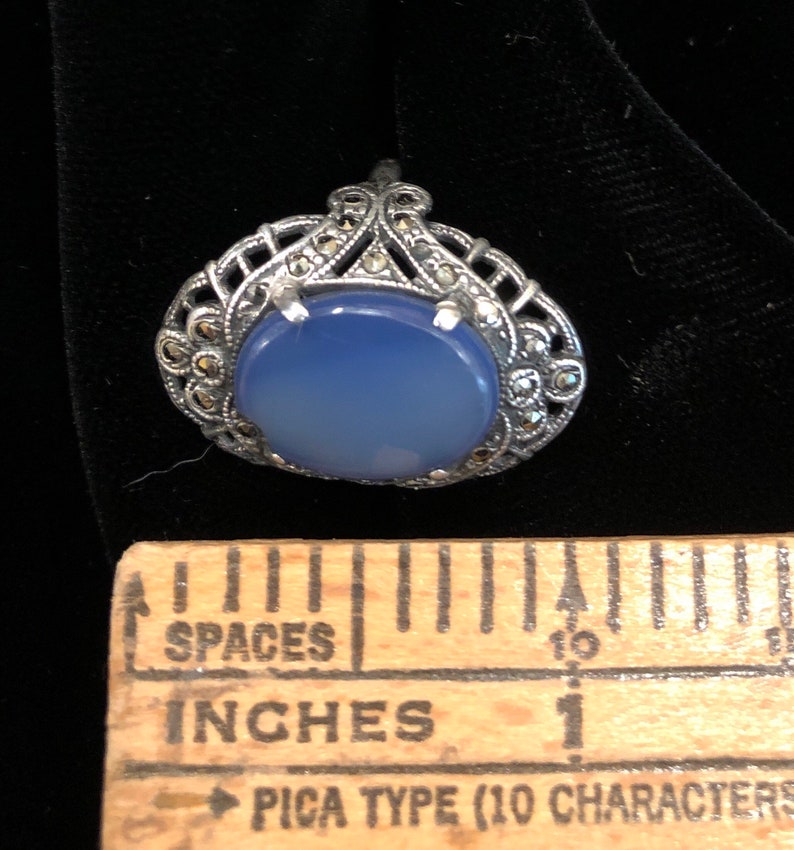 Sterling Silver Ring Size 6.5 blue faux chalcedony Glass Art Deco Marcasite Antique image 10