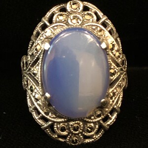 Sterling Silver Ring Size 6.5 blue faux chalcedony Glass Art Deco Marcasite Antique image 8