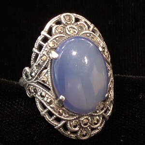 Sterling Silver Ring Size 6.5 blue faux chalcedony Glass Art Deco Marcasite Antique image 2