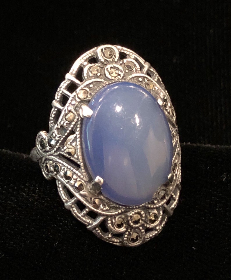 Sterling Silver Ring Size 6.5 blue faux chalcedony Glass Art Deco Marcasite Antique image 2