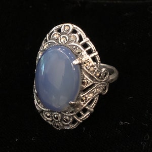 Sterling Silver Ring Size 6.5 blue faux chalcedony Glass Art Deco Marcasite Antique image 9