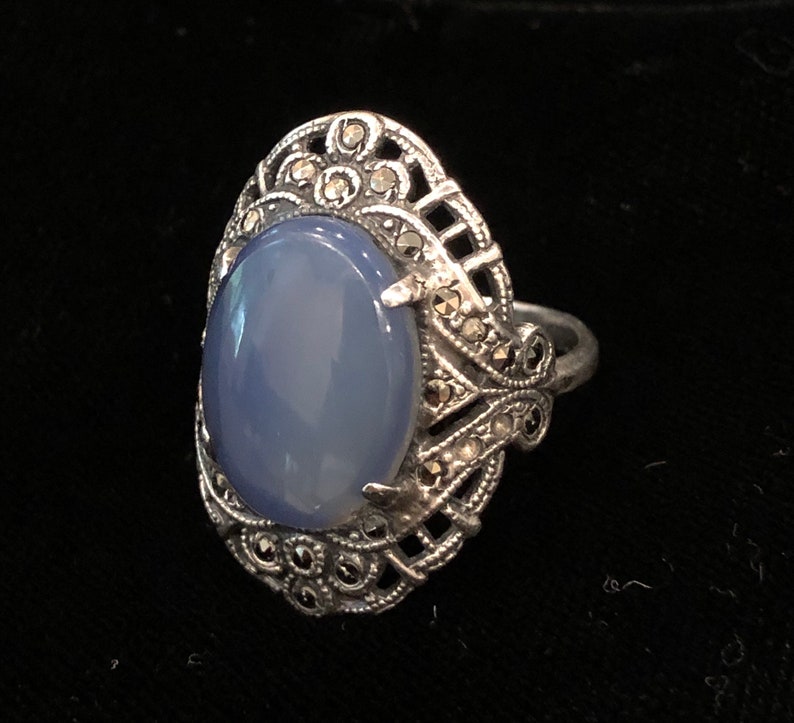 Sterling Silver Ring Size 6.5 blue faux chalcedony Glass Art Deco Marcasite Antique image 9