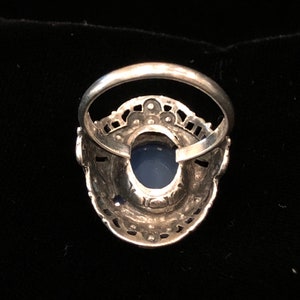 Sterling Silver Ring Size 6.5 blue faux chalcedony Glass Art Deco Marcasite Antique image 3