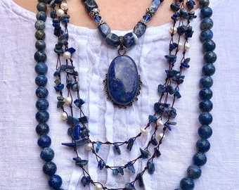 3 Lapis Lazuli curated layering necklaces, a statement trio set for impact and style! Easy event fashion for confidence and flair.