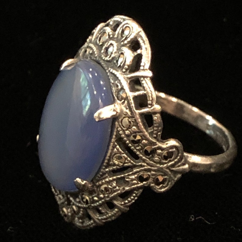 Sterling Silver Ring Size 6.5 blue faux chalcedony Glass Art Deco Marcasite Antique image 4