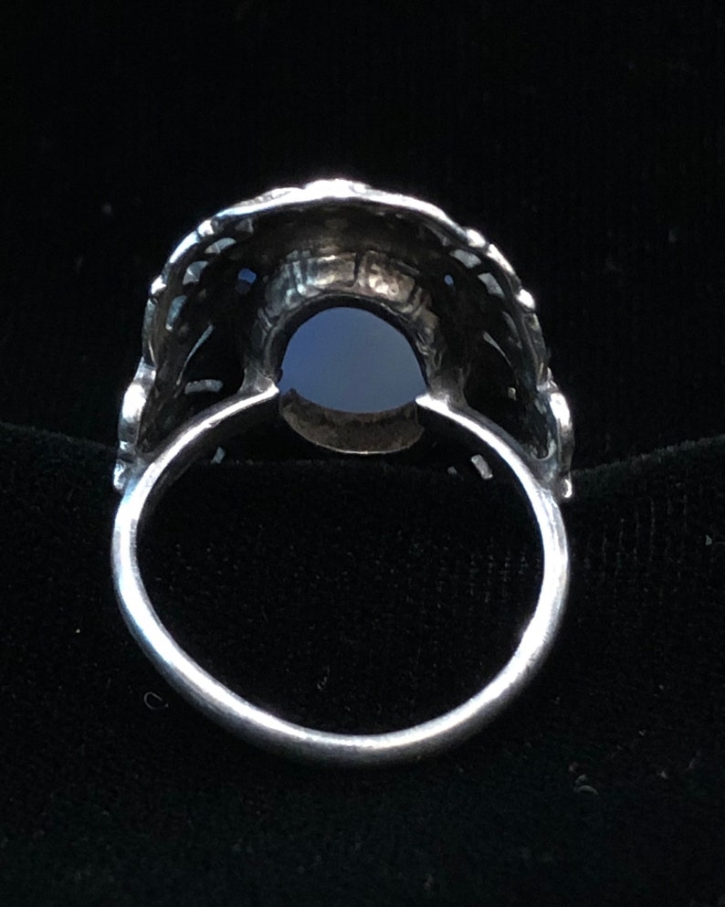 Sterling Silver Ring Size 6.5 blue faux chalcedony Glass Art Deco Marcasite Antique image 7