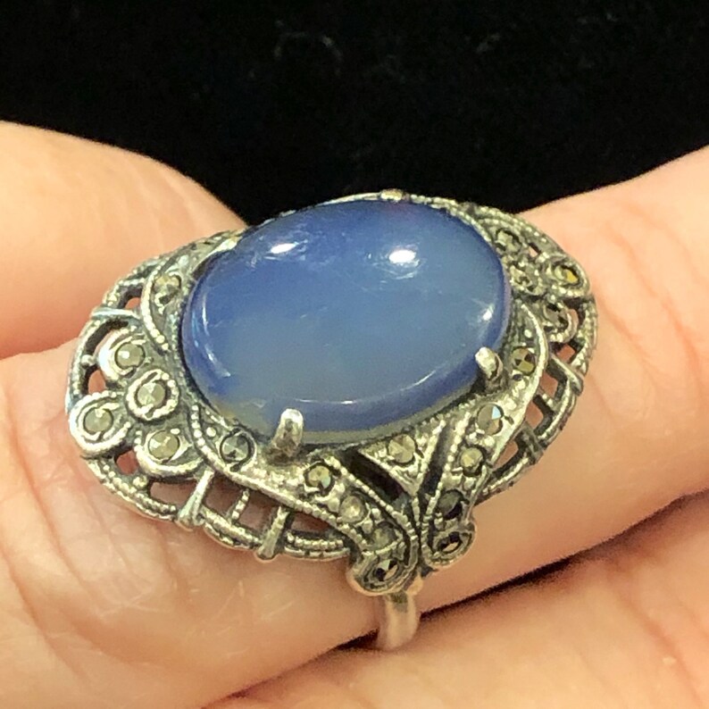 Sterling Silver Ring Size 6.5 blue faux chalcedony Glass Art Deco Marcasite Antique image 6