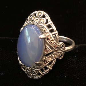 Sterling Silver Ring Size 6.5 blue faux chalcedony Glass Art Deco Marcasite Antique image 5