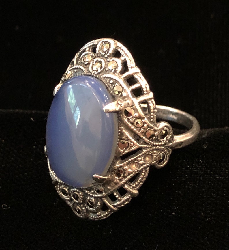 Sterling Silver Ring Size 6.5 blue faux chalcedony Glass Art Deco Marcasite Antique image 5