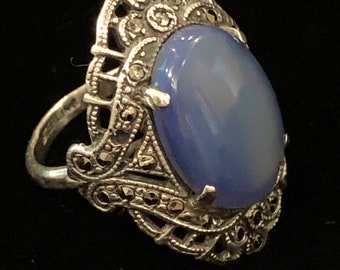 Sterling Silver Ring Size 6.5 blue faux chalcedony Glass Art Deco Marcasite Antique