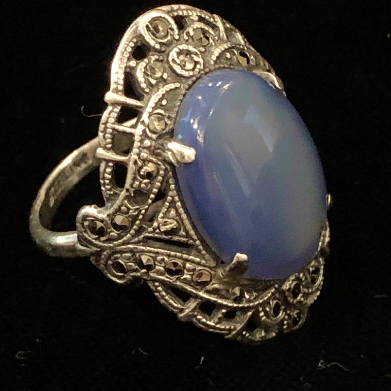 Sterling Silver Ring Size 6.5 blue faux chalcedony Glass Art Deco Marcasite Antique image 1