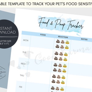 Puppy zindelijkheidstraining grafiek, hondenvoer tracker, afdrukbaar voedsel dagboek, nieuwe puppy benodigdheden, voedsel dagboek sjabloon, voedselallergie dagboek