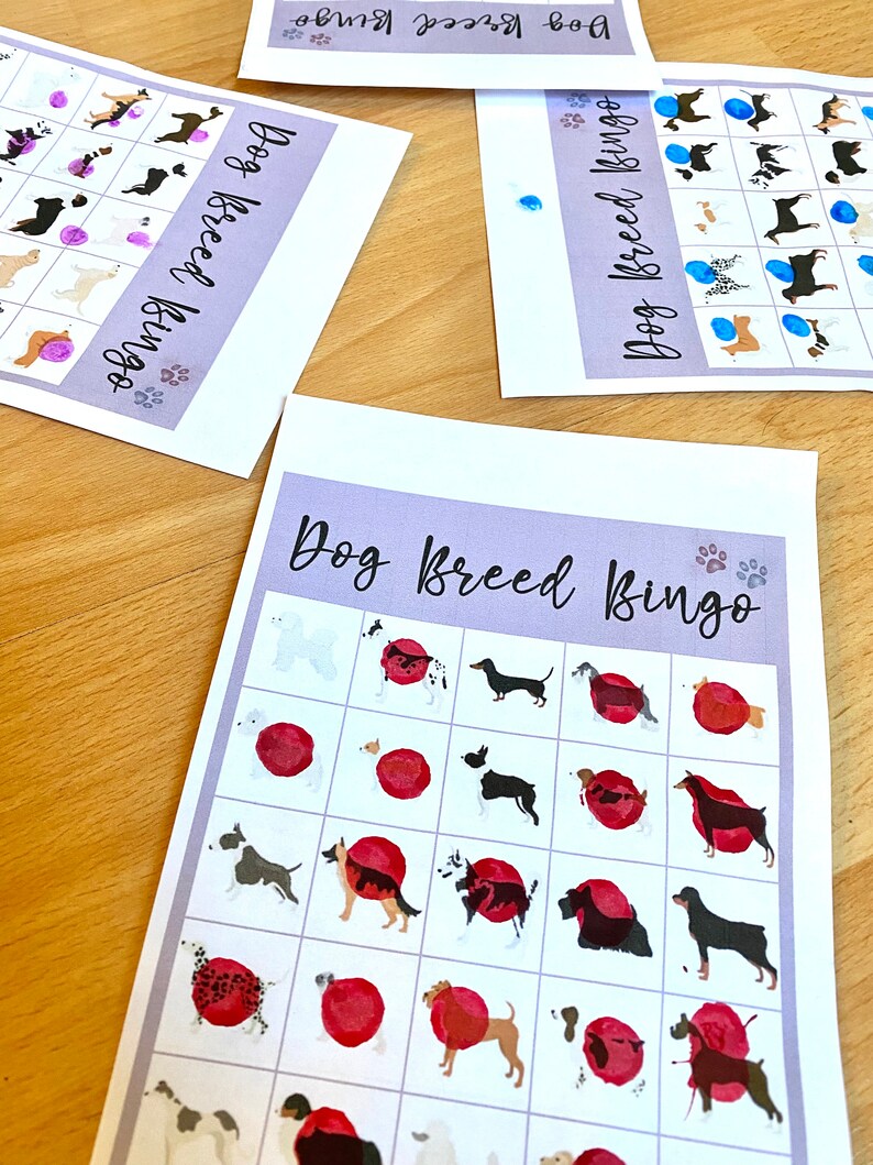 Dog Breed Bingo, Printable Bingo Cards for Kids, Dog Birthday Party