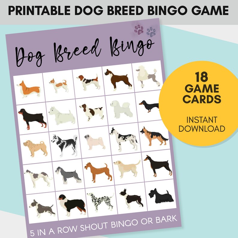 Dog Breed Bingo, Printable Bingo Cards for Kids, Dog Birthday Party, Bingo Game Printable