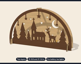 May include: A two-layer wooden candle arch featuring a winter scene with a church, pine trees, a deer, a crescent moon, and hanging stars. The text reads CANDLE ARCH - LAYERED WINTER SCENE, Two layers, 15-5/8 and 31-1/4 in, For battery tea lights.