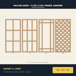 Puede incluir: Un conjunto de archivos de diseño digital titulado MULLION GRIDS - 6 LITE, 9 LITE, PRAIRIE, DIAMOND. Muestra cuatro patrones de rejilla de ventana rectangulares en contornos beige sobre un fondo de cuadrícula, incluyendo estilos 6, 9, prairie y diamante.