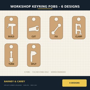 May include: Six tan rectangular keyring fobs with engraved tool icons and text: BUILD, CUT, FIX, CLAMP, TURN, and SPLIT. Each fob features a 7/16 inch ring hole. The header reads WORKSHOP KEYRING FOBS - 6 DESIGNS, with BARNEY & CAREY at the bottom.