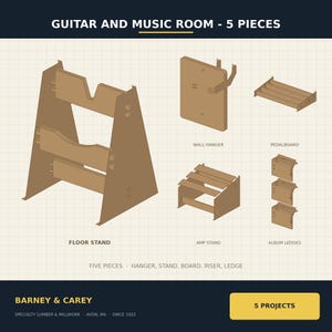 Guitar Stand DXF SVG | 5 Flat Pack Plans Wall Hanger Floor Stand Pedalboard Amp Stand Album Ledge | CNC Cut Files