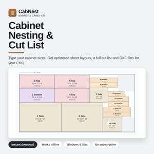 May include: CabNest Cabinet Nesting & Cut List software interface showing a rectangular layout of cabinet parts in pink, purple, and beige. The graphic displays labelled components like Top, Bottom, Side, and Stretcher with dimensions in inches.