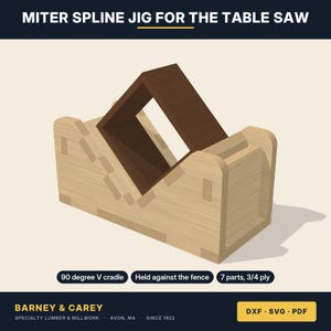 May include: A miter spline jig for a table saw featuring a 90 degree V cradle, designed to be held against a fence, and constructed from 7 parts of 3/4 inch plywood. The text reads MITER SPLINE JIG FOR THE TABLE SAW, BARNEY & CAREY, DXF, SVG, PDF.