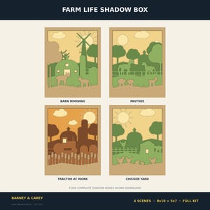 Peut inclure: Un ensemble de téléchargement numérique intitulé FARM LIFE SHADOW BOX présentant quatre scènes de papier découpé en couches : BARN MORNING, PASTURE, TRACTOR AT WORK et CHICKEN YARD. Chaque scène montre des éléments de ferme dans des tons de vert, brun et jaune, avec le texte indiquant 4 SCENES, 8x10 + 5x7 et FULL KIT.