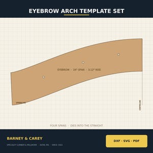 May include: A tan eyebrow arch template set on a grid background. The template features the text EYEBROW 24" SPAN 3.12" RISE, SPRINGLINE, and CENTRELINE. The graphic includes the text BARNEY & CAREY, FOUR SPANS, DIES INTO THE STRAIGHT, and DXF SVG PDF.