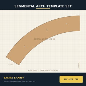 May include: A tan segmental arch template set on a grid background. Text reads: SEGMENTAL ARCH TEMPLATE SET, SEGMENTAL 24" SPAN 6.72" RISE, SPRINGLINE, CENTRELINE, FOUR SPANS A REAL CIRCLE SEGMENT, BARNEY & CAREY SPECIALTY LUMBER & MILLWORK AVON, MA SINCE 1922, DXF SVG PDF.