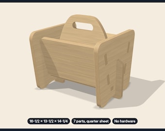 May include: A light-colored wooden magazine rack with a central handle and open sides. The text reads: MAGAZINE RACK - 16-1/2 X 13-1/2 X 14-1/4, 7 parts, quarter sheet, No hardware, BARNEY & CAREY SPECIALTY LUMBER & MILLWORK, AVON, MA, SINCE 1922, DXF - SVG - PDF.
