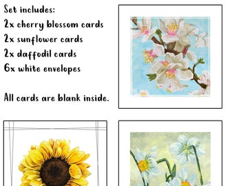 Set of 6 floral greeting cards with envelopes / variety pack / sunflower/ daffodil / cherry blossom / blank note cards / stationery set