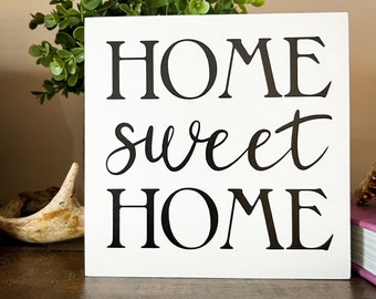 Home Sweet Home Wood Sign / Wooden Farmhouse Sign / Housewarming Gift / Square Black and White Modern Farmhouse Decor