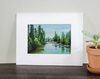 5x7 MATTED "Little River" Print / River Painting / Tree Art / Landscape Scene / Home Decor