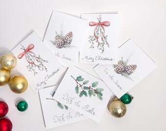 Set of Six Painted Christmas Cards / Greeting Card Set / Holiday Cards / Caligraphy / Watercolor / Blank Cards / Hand Lettered