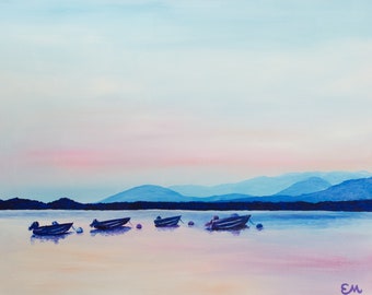 8x10 "Boats Boats Boats" print / lake painting / sunset art / mountains / home decor