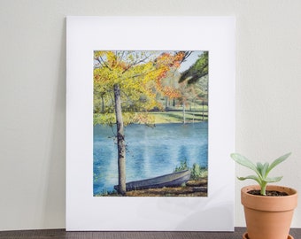 8x10 MATTED "Break at the Lake" Print / lake painting / southern scene / fishing boat / fall art / home decor