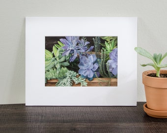 5x7 MATTED "Succulents" print / floral painting / flower art / home decor / planter box