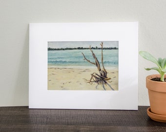 5x7 MATTED "Drifted" Print / beach painting / driftwood art / beach scene / home decor
