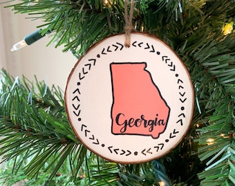 Georgia Ornament / Hand Painted Custom Wooden Ornament / Peach, Turquoise, and Pink / Hand Lettered
