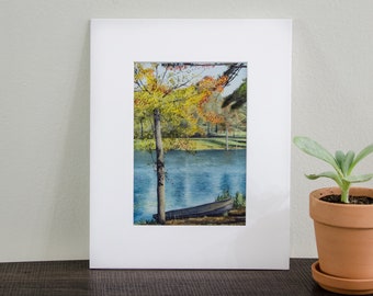 5x7 MATTED "Break at the Lake" Print / lake art / fall painting / fishing boat scene / home decor