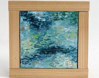 Monet Inspired Mini Abstract Water Painting / Blue Acrylic Framed Square Art / Wall Art / Shelf Decor