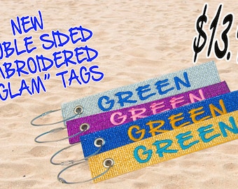 Personalized DOUBLE SIDED Embroidered Glittery, Shimmery, Glam Tags / Bag Tags