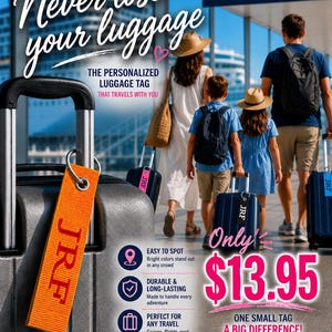 May include: A bright orange rectangular luggage tag with the letters JRF embroidered in red, attached to a gray suitcase handle. The image includes text: Never lose your luggage, The personalized luggage tag that travels with you, and Tag it. Spot it. Keep it moving.