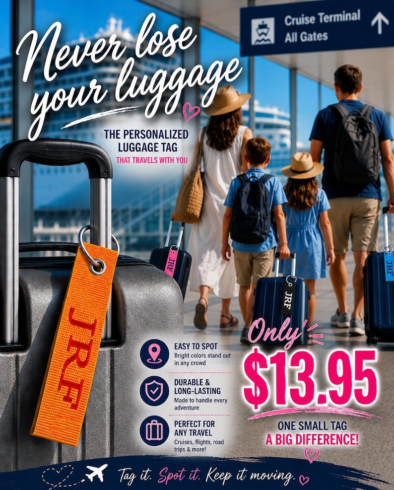 May include: Orange luggage tag with the initials "JRF" attached to a gray suitcase. The image shows a family walking through a cruise terminal with luggage. Text on the tag reads "Never lose your luggage".