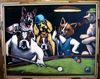 dogs playing pool on black velvet