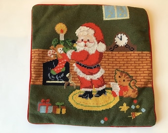 Vintage Christmas Needlepoint Pillow Cover Santa by Chimney with Kitty Cat