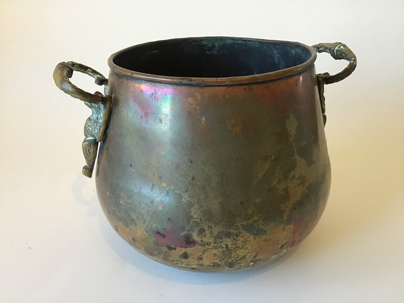 Vintage Copper Handled Pot Cauldron Planter with Fancy Bird Handles image 3