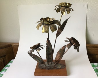 Vintage Brutalist Mid Century Modern Metal Flowers Floral Sculpture