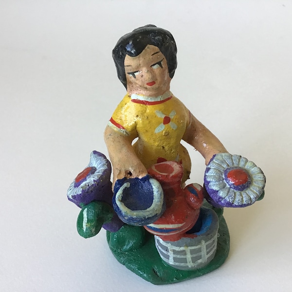 Vintage Mexican Clay Pottery Folk Art Woman with Pots and Flowers Figurine