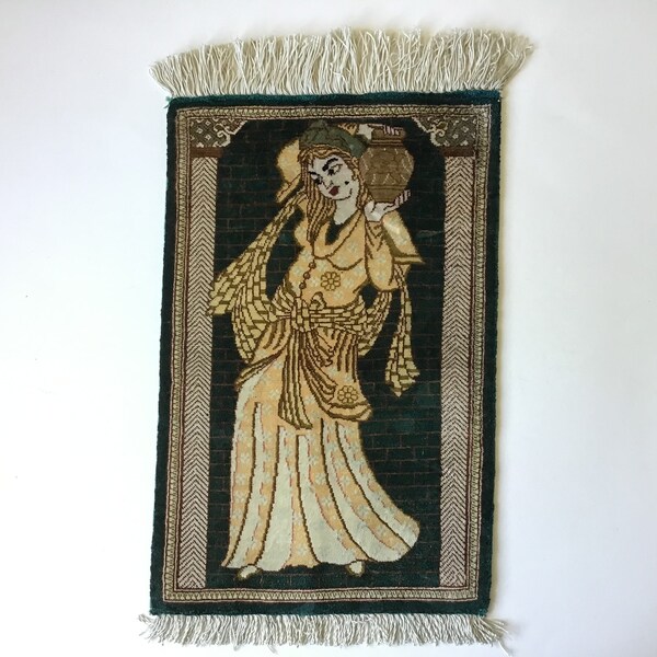 Vintage Small Pictorial Silk Persian Rug Woman with Vase