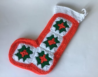 Vintage Handmade Knit Granny Square Crocheted Christmas stocking