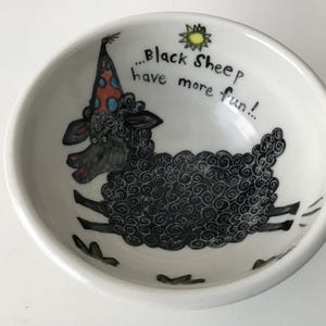 Flying Hippo Art Pottery Hand Painted Jean Foss Bowl Black Sheep